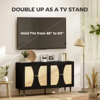 HOMCOM 55" Sideboard Buffet Cabinet, Boho Storage Cabinet with Adjustable Shelves, Soft Close Doors and Rattan Front, Black(m-5)