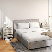 HOMCOM Set of 2 Boho Bedside Tables, Rattan Nightstands with 2 Drawers, Storage Shelf, End Side Tables for Bedroom, White Oak(m-8)