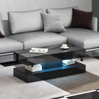 HOMCOM Coffee Table with Adjustable LED Lights, Modern Living Room Table with 2 Drawers, Open Shelf, Remote, High Gloss Black(m-1)