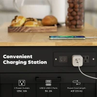 HOMCOM Kitchen Island Cart, Portable Kitchen Island Table with Charging Station, Rubber Wood Drop Leaf, Trash Storage, Black(m-6)