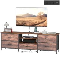 HOMCOM TV Stand for TVs up to 70 Inch, Industrial TV Console with Charging Station, 5 Drawers and Open Shelves, Rustic Brown(m-2)
