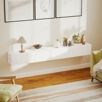 HOMCOM 71" Floating TV Stand for TVs up to 72 Inch, Wall Mount Media Console with 2 Fluted Flip-Down Doors, Cable Hole, White(m-10)