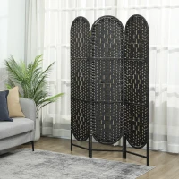 HOMCOM Bohemian Privacy Screen, Folding Room Divider with 3 Panels and Arched Top for Bedroom Living Room Office, Black(m-10)