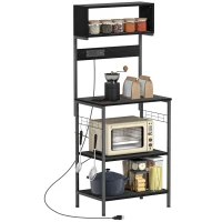 HOMCOM Baker's Rack with Charing Station, Microwave Shelf with Power Outlet, USB Charger and 5 Hooks, Black(m-11)
