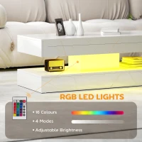 HOMCOM Coffee Table with Adjustable LED Lights, Center Table with 2 Drawers, Open Shelf, Remote, High Gloss Marble-Effect White(m-4)