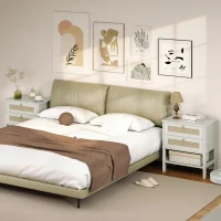 HOMCOM Set of 2 Boho Bedside Tables, Rattan Nightstands with 2 Drawers, Storage Shelf, End Side Tables for Bedroom, White Oak(m-7)