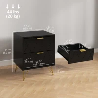 HOMCOM Modern Bedside Table, Accent Nightstand with 2 Drawers, Bed End Table for Bedroom, Black(m-3)