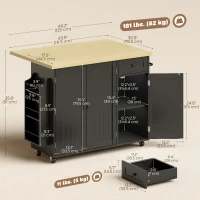 HOMCOM Kitchen Island Cart, Rolling Kitchen Island Table with Drop Leaf, Drawer, Spice and Towel Rack, Black(m-3)