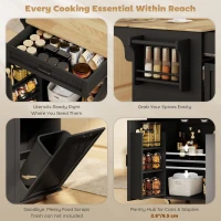 HOMCOM Kitchen Island Cart, Portable Kitchen Island Table with Charging Station, Rubber Wood Drop Leaf, Trash Storage, Black(m-4)