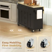HOMCOM Kitchen Island Cart with Power Outlet & Drop Leaf, 55" Rolling Kitchen Island on Wheels with Storage, Black(m-9)