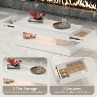 HOMCOM Coffee Table with Adjustable LED Lights, Center Table with 2 Drawers, Open Shelf, Remote, High Gloss Marble-Effect White(m-5)