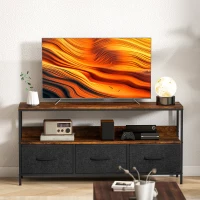 HOMCOM TV Stand with Charging Station, TV Table with 3 Foldable Linen Drawers and Open Shelf for 55 Inch Television, Rustic Brown(m-10)