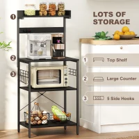 HOMCOM Kitchen Baker's Rack with Power Outlet, Coffee Bar Station with Adjustable Shelves and Hooks, Distressed Black(m-6)