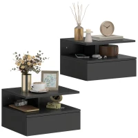 HOMCOM Floating Nightstand Set of 2, Wall Mounted Bedside Table with Drawer and Shelf, Small Night Stand for Bedroom, Black(m-11)