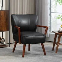 HOMCOM Accent Chair, Modern Armchair, Faux Leather Upholstered Living Room Chair with Wood Legs and Wide Padded Seat, Black(m-1)