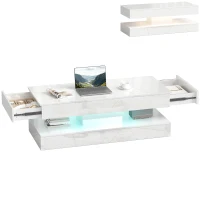 HOMCOM Coffee Table with Adjustable LED Lights, Center Table with 2 Drawers, Open Shelf, Remote, High Gloss Marble-Effect White(m-11)