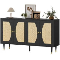 HOMCOM 55" Sideboard Buffet Cabinet, Boho Storage Cabinet with Adjustable Shelves, Soft Close Doors and Rattan Front, Black(m-2)