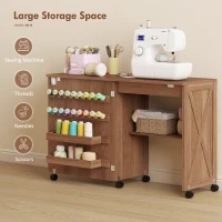HOMCOM Sewing Machine Table on Wheels, Folding Craft Table with 2 Bins, Storage Shelf, 18 Pegs, Lockable Wheels, Brown(m-4)