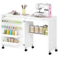 HOMCOM Sewing Machine Table on Wheels, Folding Craft Table with 2 Bins, Storage Shelf, 18 Pegs, Lockable Wheels, White(m-2)
