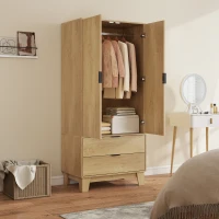 HOMCOM Modern Wardrobe Closet, Freestanding Armoire with Soft-Close Doors, 2 Drawers and Hanging Rod for Bedroom, Natural(m-10)