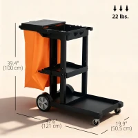 HOMCOM Commercial Janitorial Cart with 3 Tier Shelves, Cleaning Cart with Rubbish Bag and Mop Mount for Hotel Restaurant, Black(m-3)
