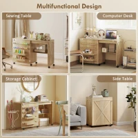 HOMCOM Sewing Machine Table on Wheels, Folding Craft Table with 2 Bins, Storage Shelf, 18 Pegs, Lockable Wheels, Natural(m-6)