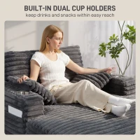 HOMCOM 60" Chaise Lounge Chair, Oversized Upholstered Sofa Bed with Cup Holders & Pillows, Sleeper Couch for Living Room, Grey(m-7)