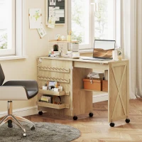 HOMCOM Sewing Machine Table on Wheels, Folding Craft Table with 2 Bins, Storage Shelf, 18 Pegs, Lockable Wheels, Natural(m-10)