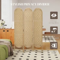 HOMCOM Bohemian Privacy Screen, Folding Room Divider with 3 Panels and Arched Top for Bedroom Living Room Office, Natural Wood(m-4)