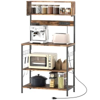 HOMCOM Baker's Rack with Charing Station, Microwave Shelf with Power Outlet, USB Charger and 5 Hooks, Rustic Brown(m-2)