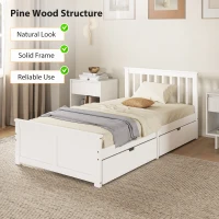 HOMCOM Pine Twin Bed Frame, Wood Storage Bed Frame with Drawers, Wood Slat Support, No Box Spring Needed, Easy Assembly, White(m-4)