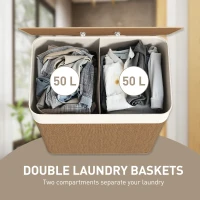 HOMCOM Double Laundry Basket with Lid, 100L Bamboo Laundry Hamper with Rope Handles and Removable Bags, Brown(m-4)