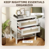 HOMCOM Set of 2 Boho Bedside Tables, Rattan Nightstands with 2 Drawers, Storage Shelf, End Side Tables for Bedroom, White Oak(m-5)