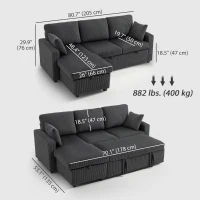 HOMCOM 81" Sofa Bed, 2 In 1 Pull Out Sleeper Sofa Bed with Storage, Corduroy Convertible Couch for Living Room, Dark Grey(m-3)