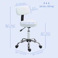 HOMCOM Adjustable Rolling Stool with Removable Backrest, Faux Leather Swivel Stool Chair for Salon Spa, Bar, Massage, White(m-3)