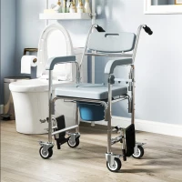 HOMCOM Rolling Shower Chair, Bedside Commode Chair with Wheels, Backrest, Arms, Flip Footrests for Seniors, Disabled, Grey(m-8)