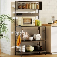 HOMCOM Baker's Rack with Charing Station, Microwave Shelf with Power Outlet, USB Charger and 5 Hooks, Distressed Grey(m-8)