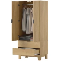 HOMCOM Modern Wardrobe Closet, Freestanding Armoire with Soft-Close Doors, 2 Drawers and Hanging Rod for Bedroom, Natural(m-2)