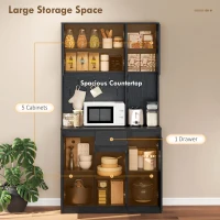 HOMCOM 71" Pantry Cabinet with Charging Station, Kitchen Storage Cabinet with Microwave Stand, Pegboard, 6 S-hooks, Black(m-4)