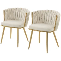 HOMCOM Modern Dining Chairs Set of 2, Velvet-Feel Upholstered Kitchen Chairs with Woven Backrest and Metal Legs, Cream White(m-2)