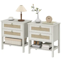 HOMCOM Set of 2 Boho Bedside Tables, Rattan Nightstands with 2 Drawers, Storage Shelf, End Side Tables for Bedroom, White Oak(m-2)