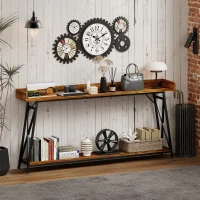 HOMCOM 71" Extra Long Console Table with Storage Shelf and Guardrails, Industrial Entryway Table for Living Room, Rustic Brown(m-1)