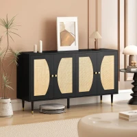 HOMCOM 55" Sideboard Buffet Cabinet, Boho Storage Cabinet with Adjustable Shelves, Soft Close Doors and Rattan Front, Black(m-10)