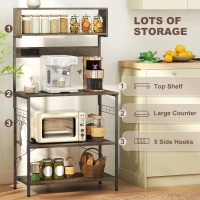 HOMCOM Baker's Rack with Charing Station, Microwave Shelf with Power Outlet, USB Charger and 5 Hooks, Distressed Grey(m-6)