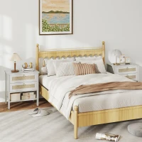 HOMCOM Set of 2 Boho Bedside Tables, Rattan Nightstands with 2 Drawers, Storage Shelf, End Side Tables for Bedroom, White Oak(m-9)