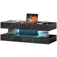 HOMCOM Coffee Table with Adjustable LED Lights, Center Table with 2 Drawers, Open Shelf, Remote, High Gloss Marble-Effect Black(m-2)