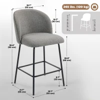 HOMCOM Set of 2 Counter Height Barstools, Upholstered Linen Bar Stools with Backrest, Footrest and Steel Legs, Dark Grey(m-3)