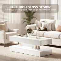 HOMCOM Coffee Table with Adjustable LED Lights, Center Table with 2 Drawers, Open Shelf, Remote, High Gloss Marble-Effect White(m-6)