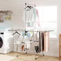 HOMCOM Clothes Drying Rack, Foldable Stainless Steel Laundry Drying Rack with Adjustable Gullwings and Shoe Holders, Silver(m-8)