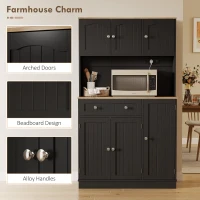 HOMCOM 68" Pantry Cabinet with Charging Station, Kitchen Storage Cabinet with Microwave Stand, 4 Door Racks, Black(m-7)